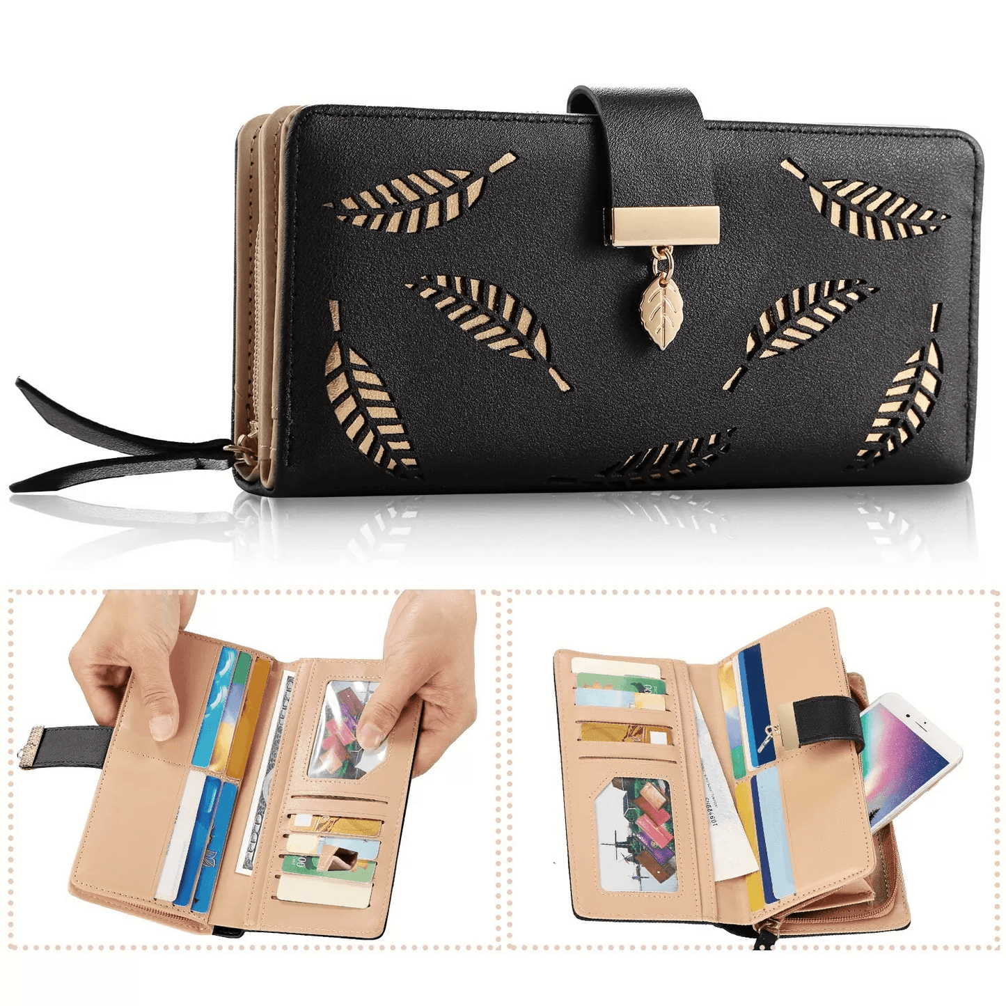 Women Ladies PU Leather Clutch Long Wallet, Stylish ID Card Phone Holder Purse Handbag with Zipper & Snap Closure