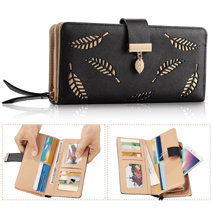 Women Ladies PU Leather Clutch Long Wallet, Stylish ID Card Phone Holder Purse Handbag with Zipper & Snap Closure