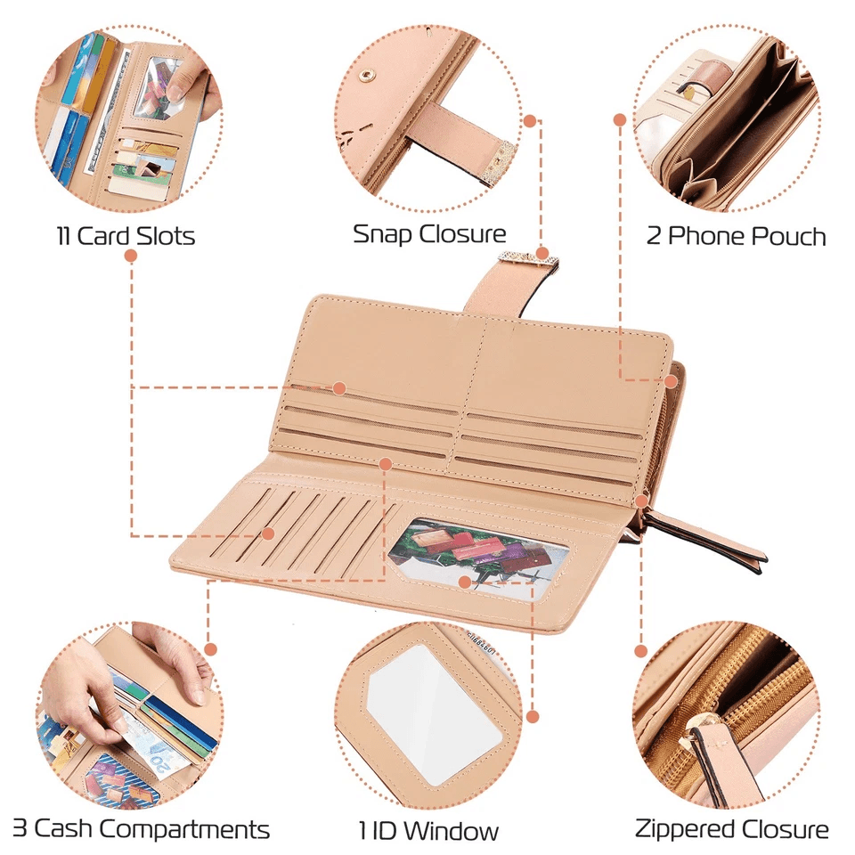 Women Ladies PU Leather Clutch Long Wallet Stylish ID Card Phone Holder Purse Handbag With Zipper   13