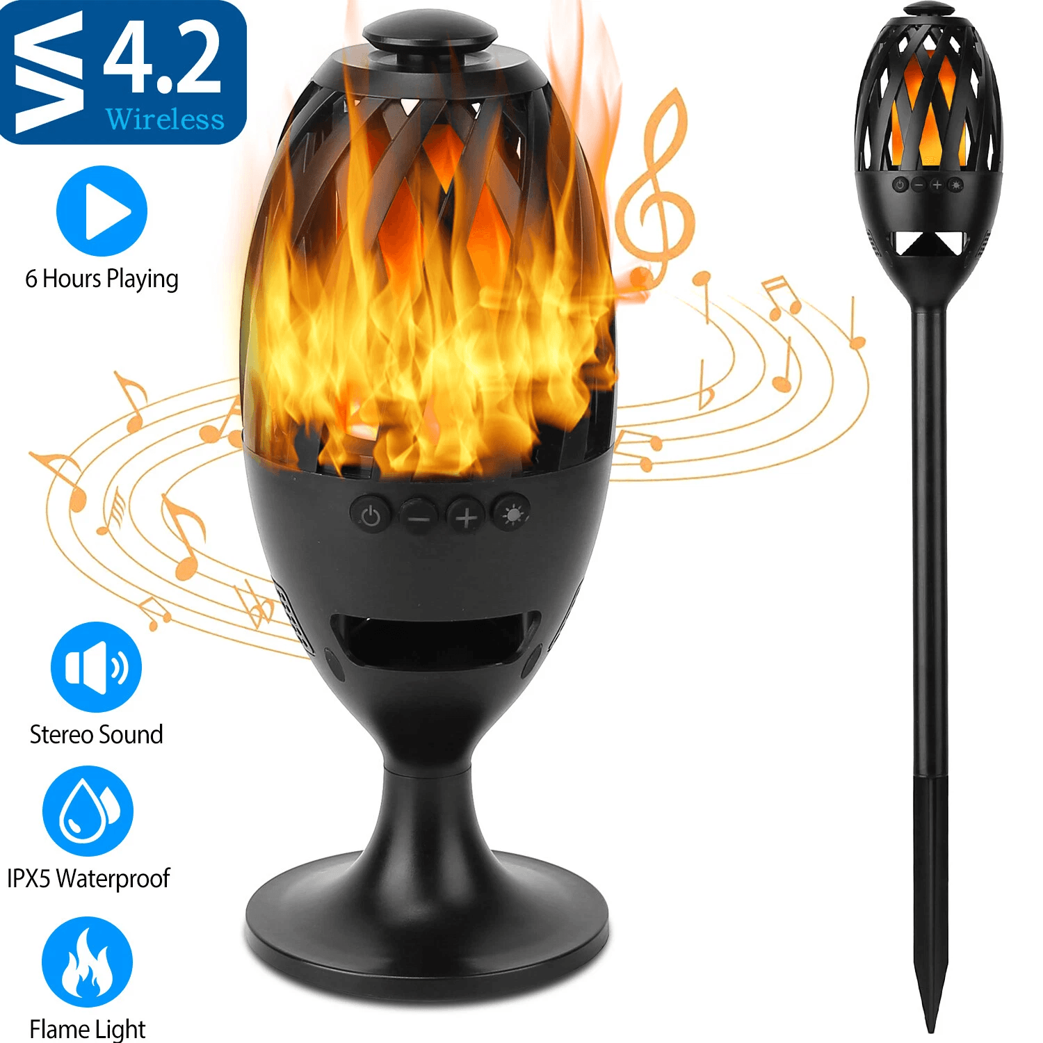LED Flame Table Lamp Torch – Wireless Stereo Bass Speaker, Waterproof & Portable Atmosphere Light for Indoor & Outdoor U
