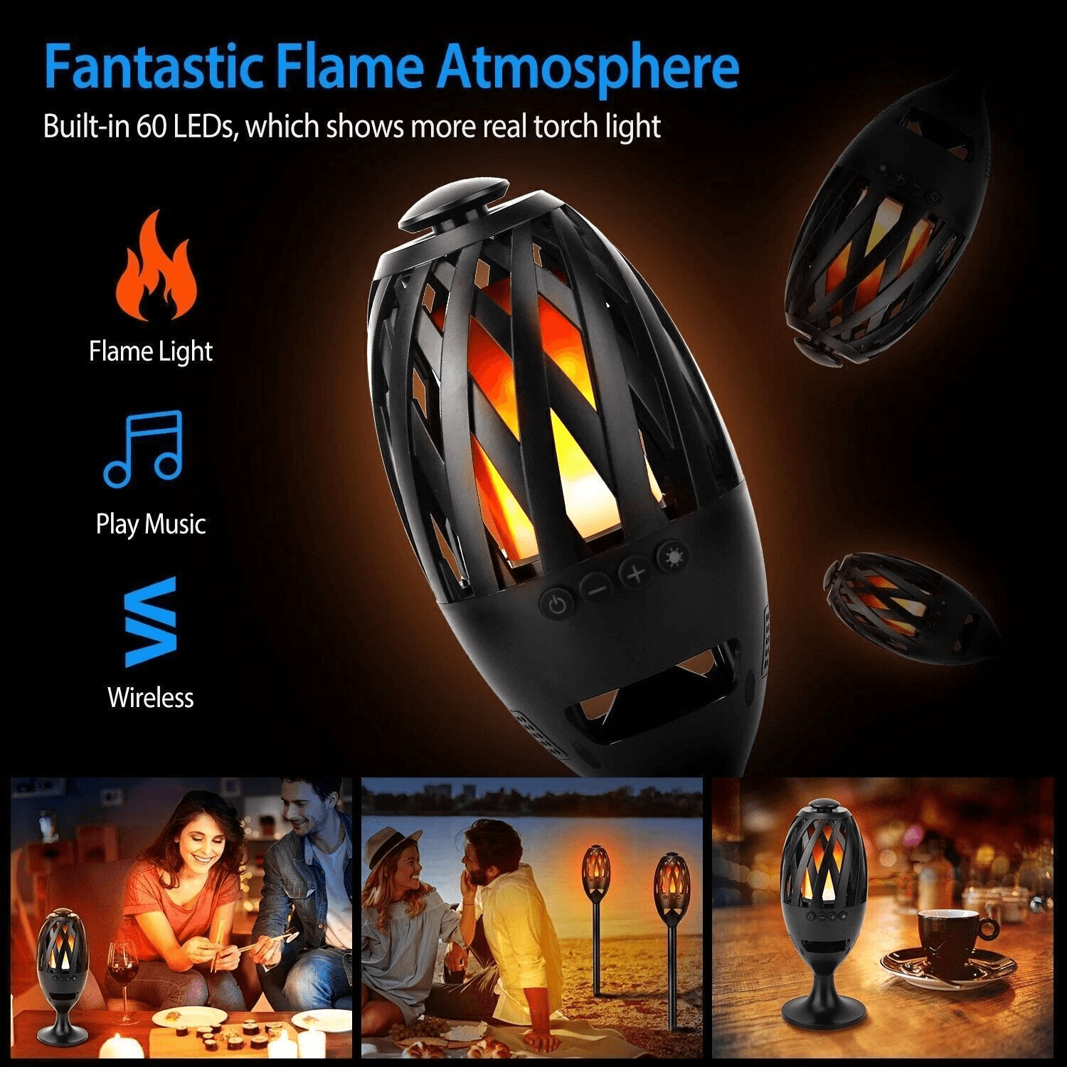 LED Flame Table Lamp Torch  Wireless Stereo Bass Speaker Waterproof  Portable Atmosphere Light For  7