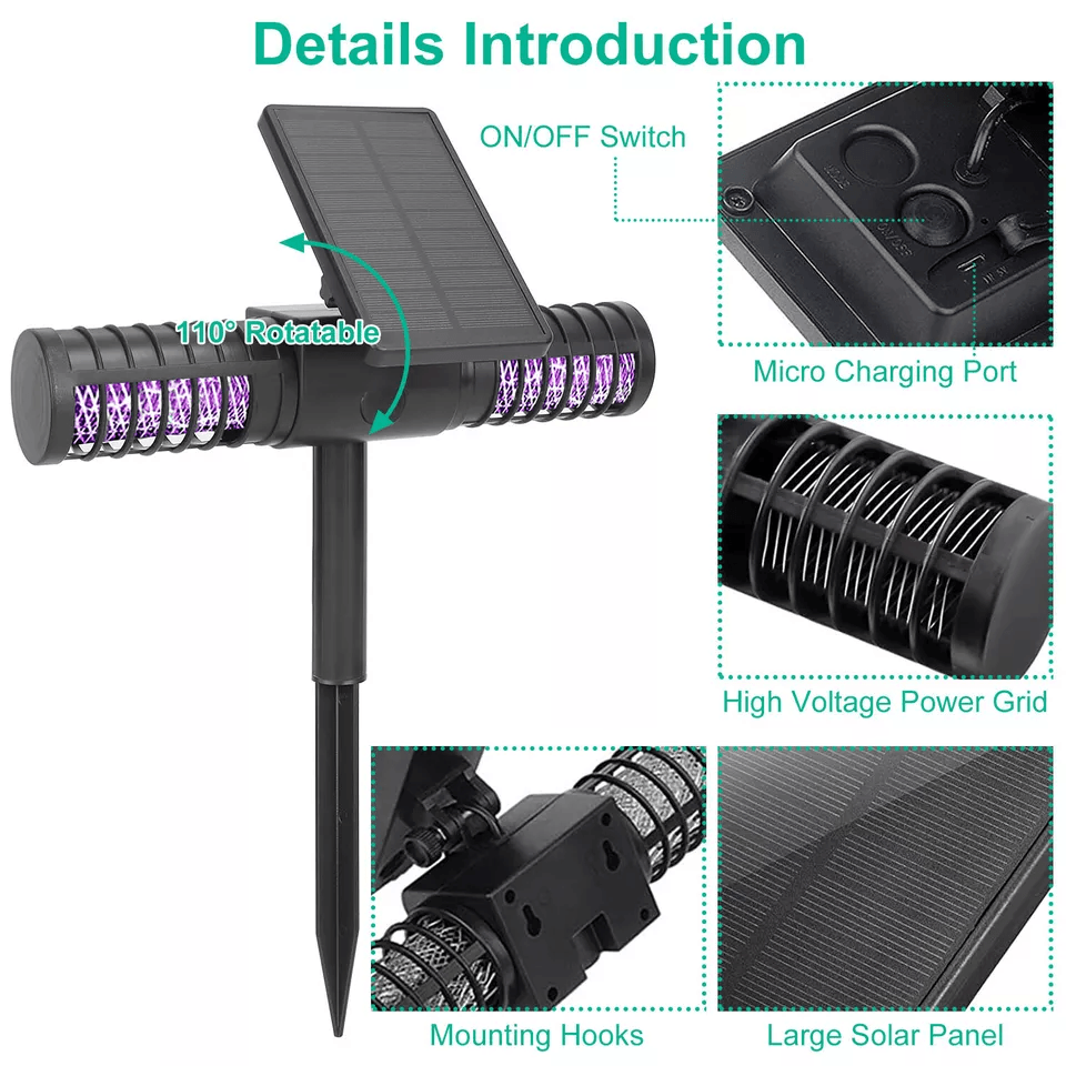 DualCharging Solar Powered Mosquito Insect Zapper Trap Outdoor Yard Fly Killer Lamp With USB IP65 W 7