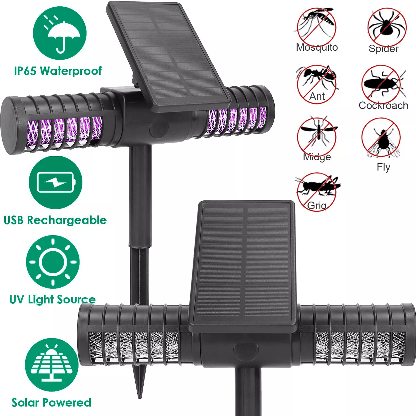 Dual-Charging Solar Powered Mosquito Insect Zapper Trap, Outdoor Yard Fly Killer Lamp with USB, IP65 Waterproof for Home