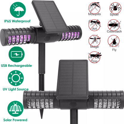 Dual-Charging Solar Powered Mosquito Insect Zapper Trap, Outdoor Yard Fly Killer Lamp with USB, IP65 Waterproof for Home