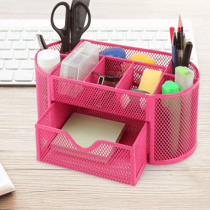 Metal Mesh Pink Desk Organizer Desktop Pen Pencil Holder Storage Tray With Drawer For Office School 7