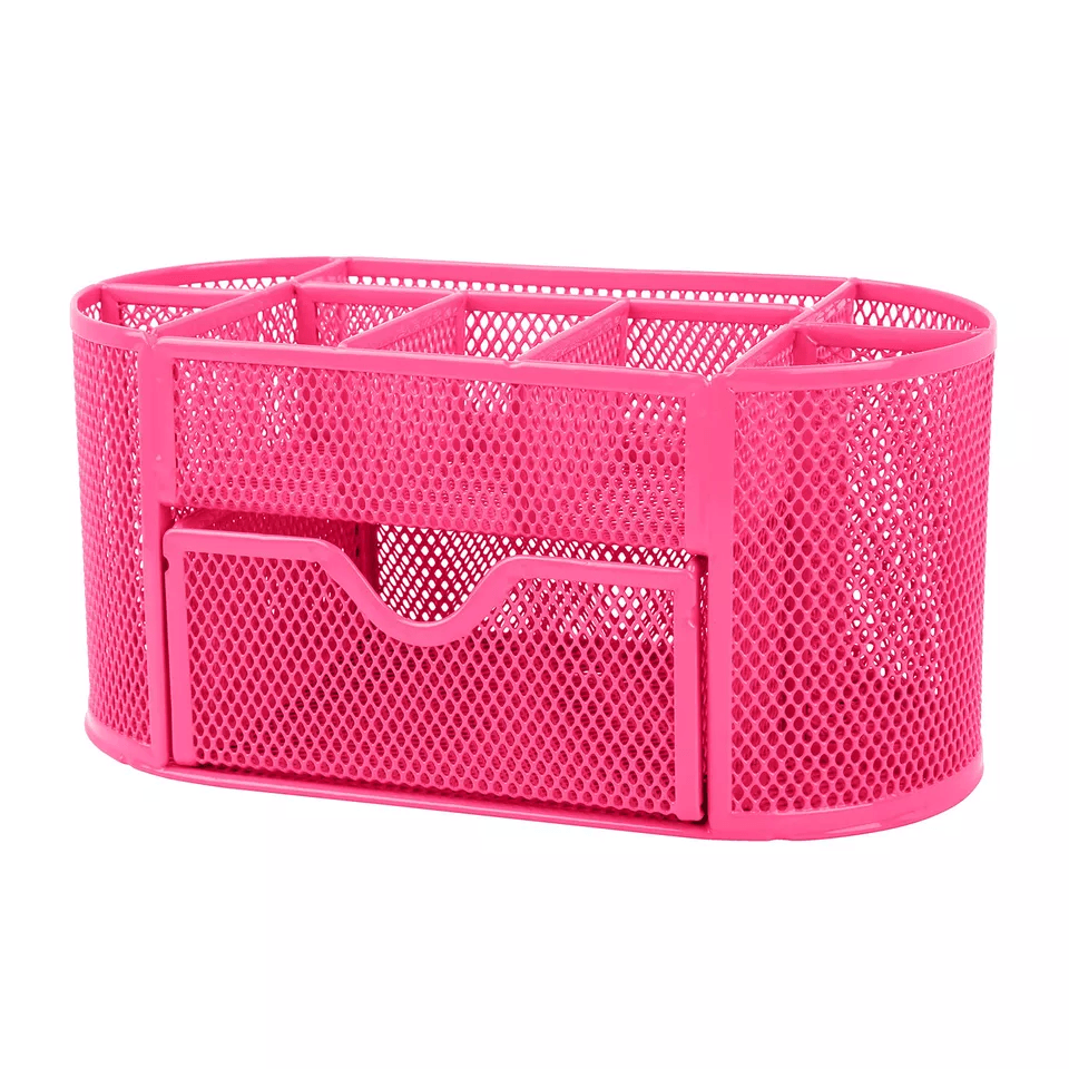 Metal Mesh Pink Desk Organizer Desktop Pen Pencil Holder Storage Tray With Drawer For Office School 4