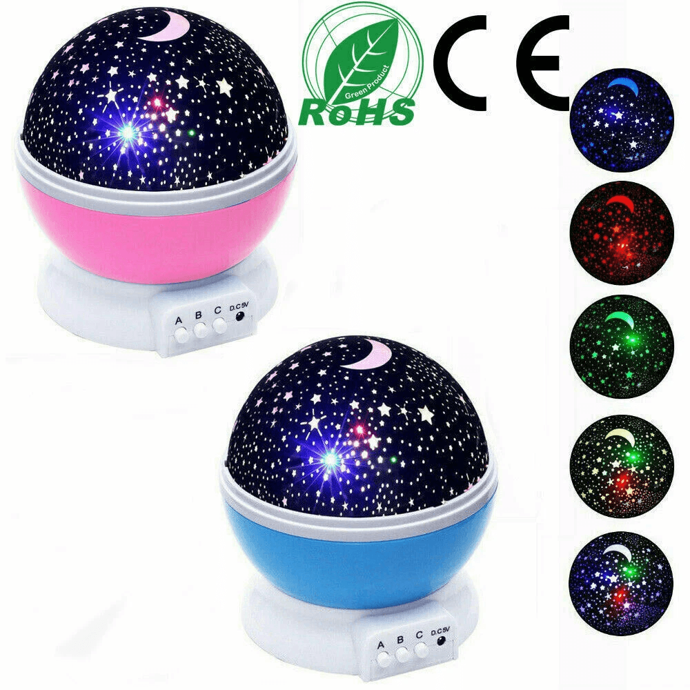 LED Starry Night Sky Projector Lamp for Kids Rotating Moon Star Cosmos Light, Bedroom Nightlight, USB Battery Powered