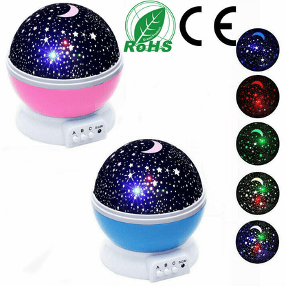 LED Starry Night Sky Projector Lamp for Kids Rotating Moon Star Cosmos Light, Bedroom Nightlight, USB Battery Powered