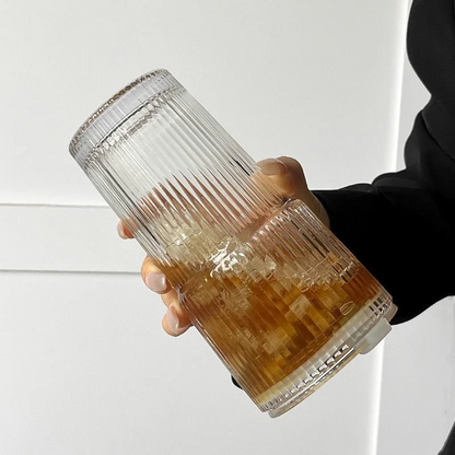 Stripe Glass Coffee Cup with Lid & Straw, Transparent Drinking Glasses for Juice, Milk Tea, Iced Coffee