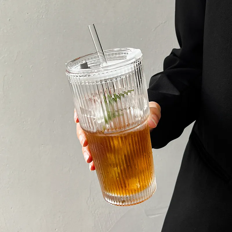 Stripe Glass Coffee Cup with Lid & Straw, Transparent Drinking Glasses for Juice, Milk Tea, Iced Coffee