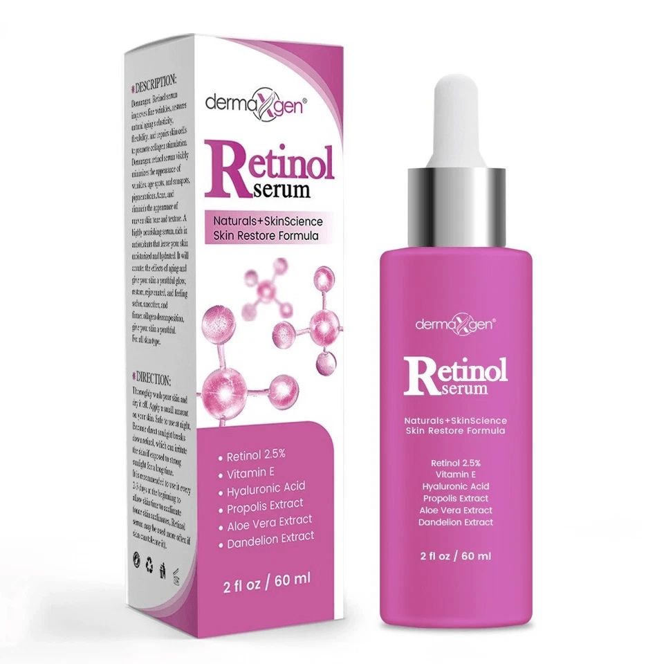Anti Aging Dermaxgen Retinol Serum with HA & Vitamin E, Reduces Wrinkles, Fine Lines & Discoloration, Brightens Skin