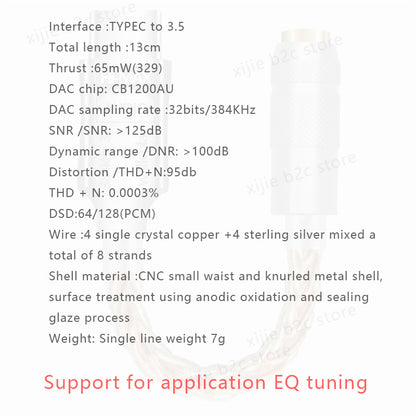 Type C To 35mm HiFi DAC Adapter CB1200AU Chip Audio Decoder32Bit384KHz Hi Res SoundSupports EQ Tuni 5