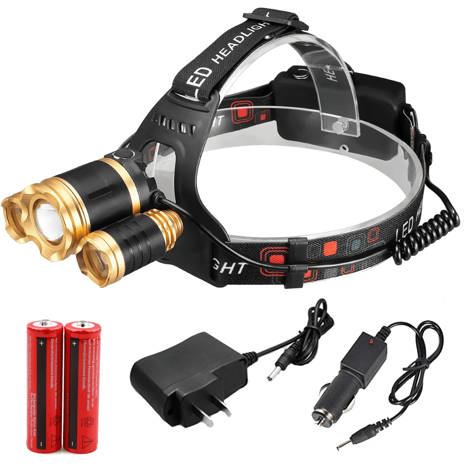 Powerful Headlamp & Flashlight Combo Set Zoomable LED 18650 Torch with Rechargeable Battery + Car Charger Headlight Lamp