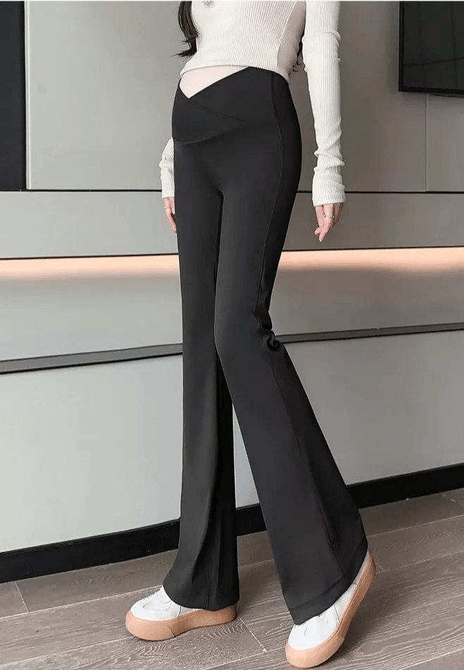 Women Maternity V Crossover Lounge Pants  Black Wide Leg Pregnancy Trousers For Comfort Style 3