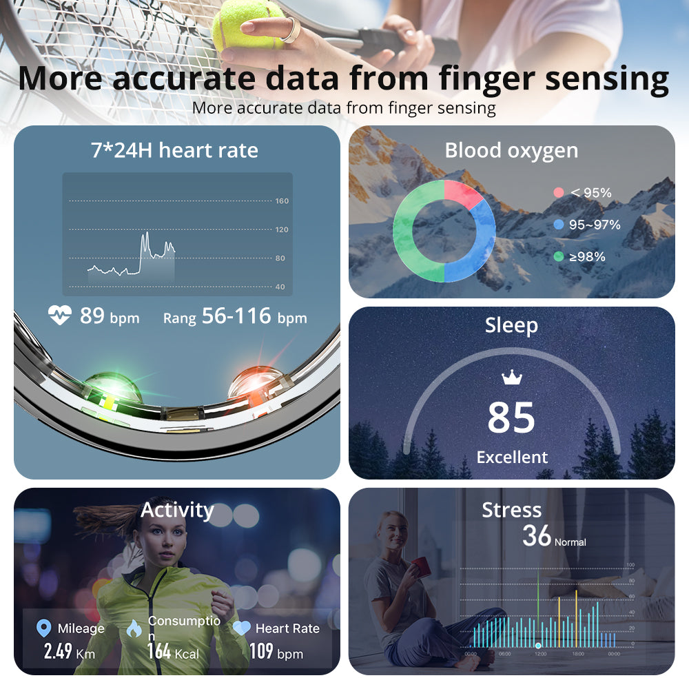 Fitness Smart Ring Sleep Tracker 5ATM Waterproof MultiSport Modes Includes Charging Case Unise
