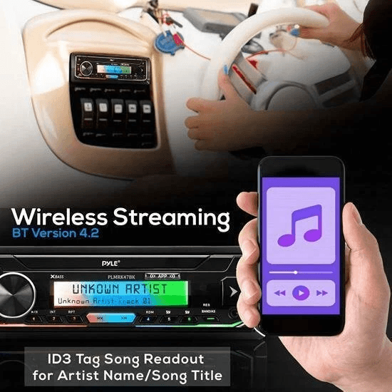 Pyle Marine Stereo Receiver Amplifier With Bluetooth Single DIN Audio System Dual Waterproof Speake
