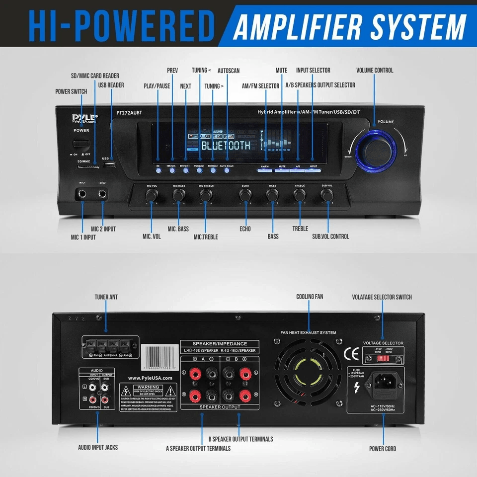 Pyle Bluetooth Stereo Amplifier USB SD AUX FM Tuner With Remote 1