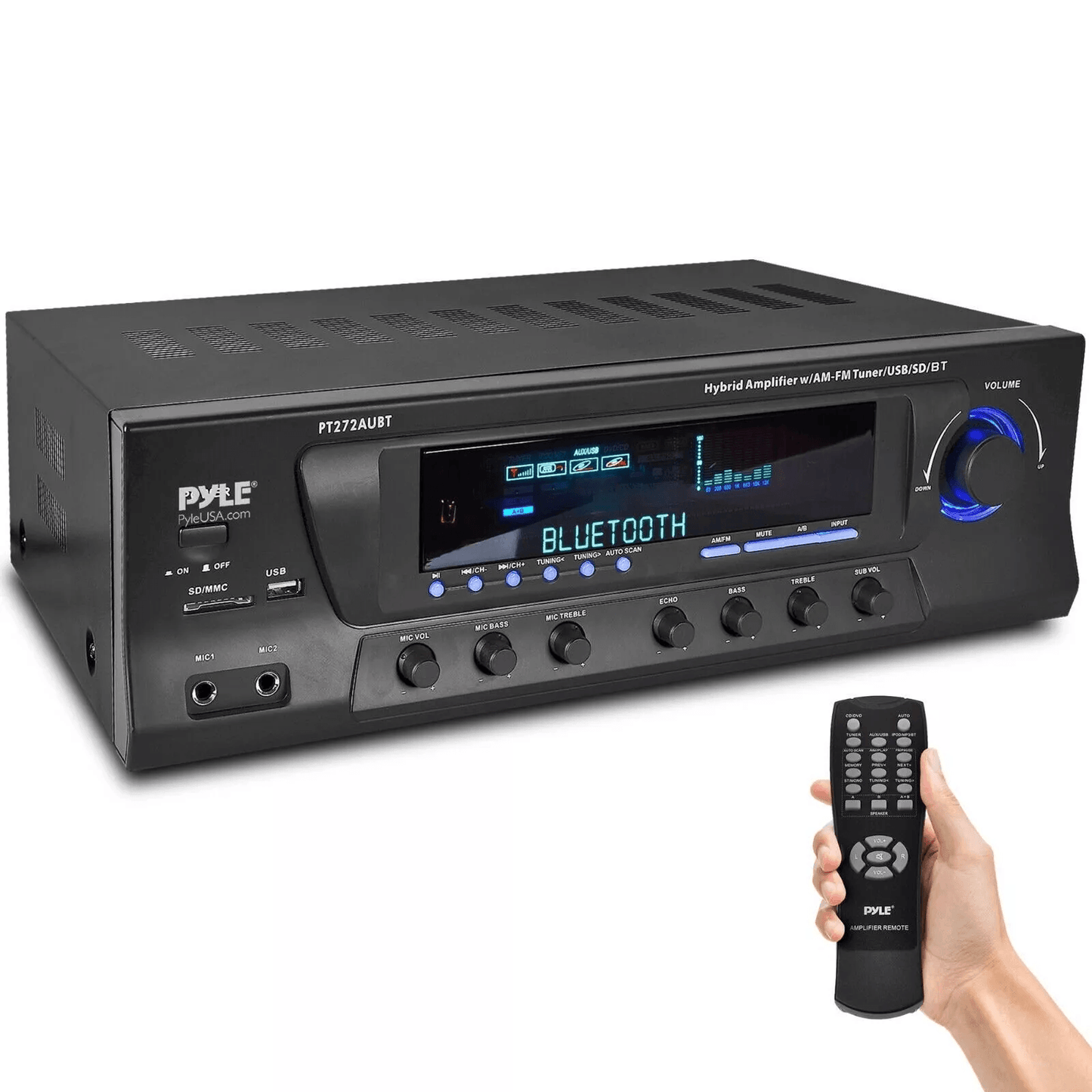 Pyle Bluetooth Stereo Amplifier USB SD AUX FM Tuner with Remote