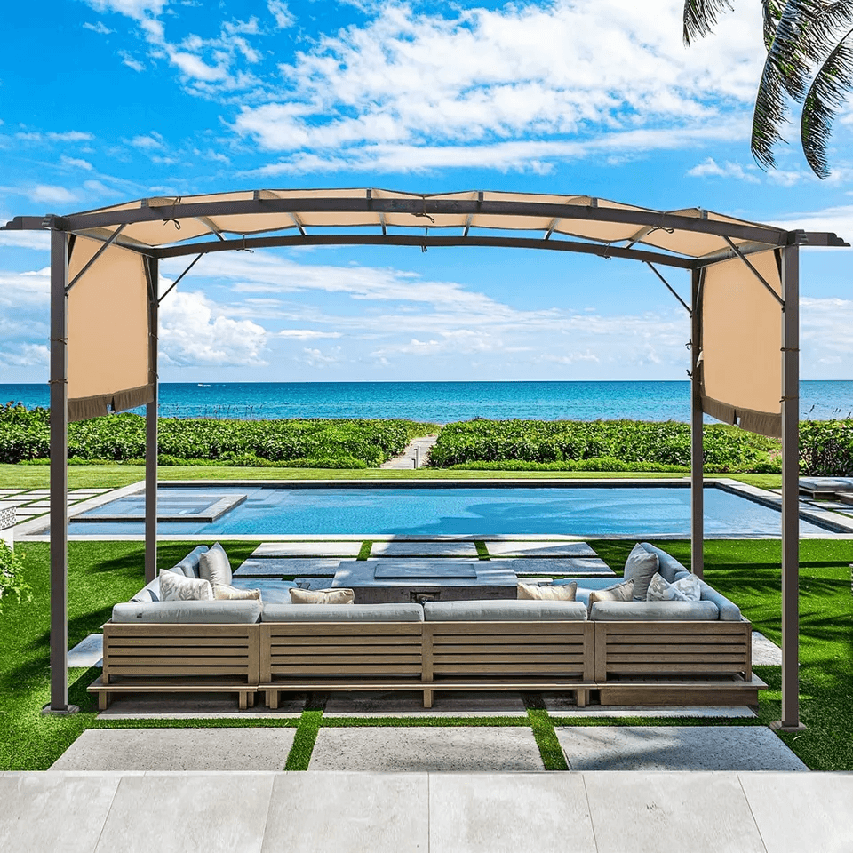 Outdoor Pergola Gazebo With Retractable Metal Canopy  Durable Steel Frame Shade For Patio Garden De 2