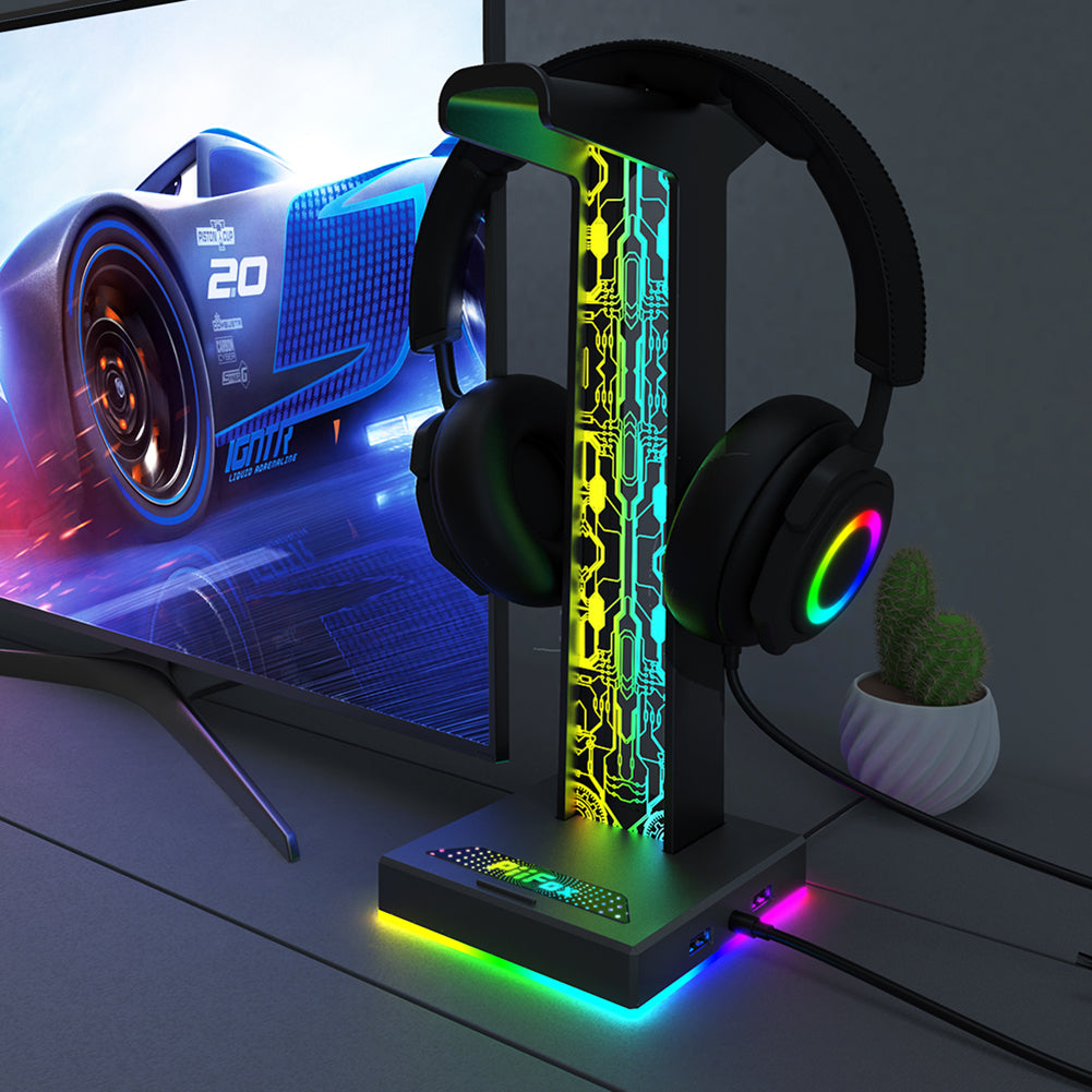 Dual USB Port RGB Gaming Headset Stand 10 Lighting Modes 35mm Audio Port PC Headphone Hanger for