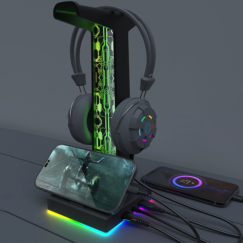Dual USB Port RGB Gaming Headset Stand 10 Lighting Modes 35mm Audio Port PC Headphone Hanger for