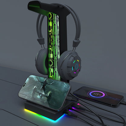 Dual USB Port RGB Gaming Headset Stand 10 Lighting Modes 35mm Audio Port PC Headphone Hanger for