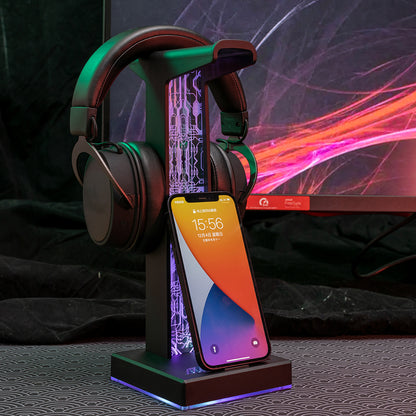 Dual USB Port RGB Gaming Headset Stand, 10 Lighting Modes, 3.5mm Audio Port, PC Headphone Hanger for Gamers