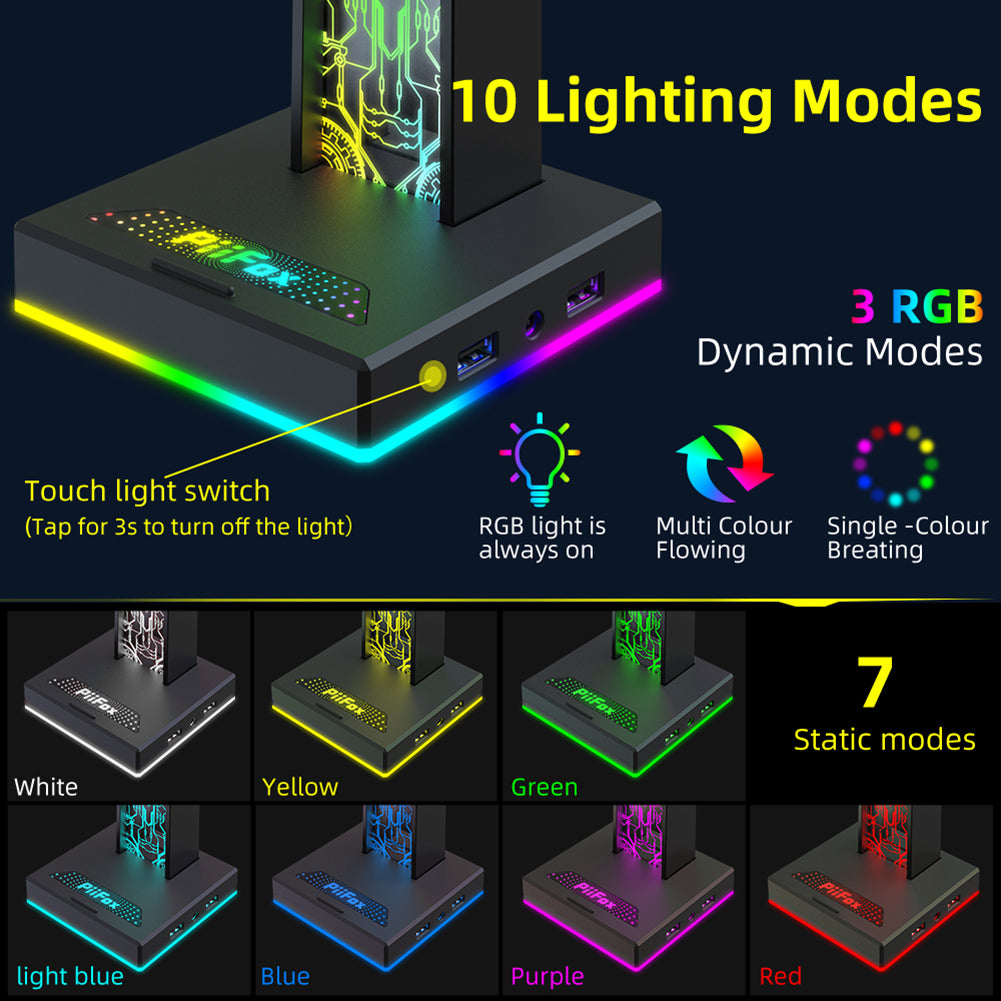 Dual USB Port RGB Gaming Headset Stand 10 Lighting Modes 35mm Audio Port PC Headphone Hanger for