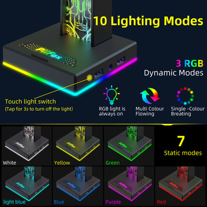 Dual USB Port RGB Gaming Headset Stand 10 Lighting Modes 35mm Audio Port PC Headphone Hanger for