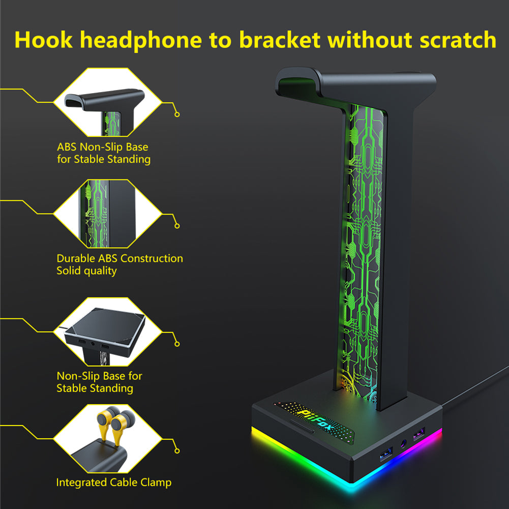 Dual USB Port RGB Gaming Headset Stand 10 Lighting Modes 35mm Audio Port PC Headphone Hanger for
