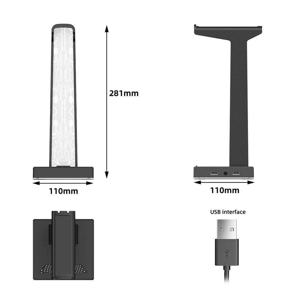 Dual USB Port RGB Gaming Headset Stand 10 Lighting Modes 35mm Audio Port PC Headphone Hanger for