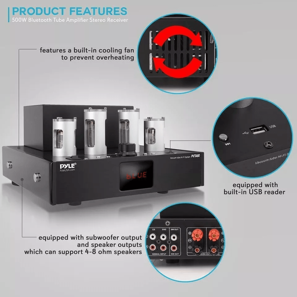 Pyle Home Theater Desktop Stereo Vacuum Tube HiFi Power Amplifier Receive Bluetooth USB CDDVD Input