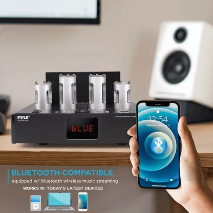 Pyle Home Theater Desktop Stereo Vacuum Tube HiFi Power Amplifier Receive Bluetooth USB CDDVD Input