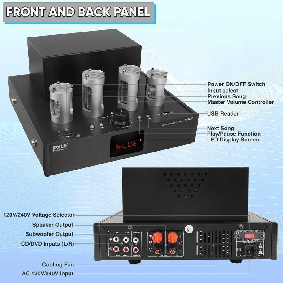 Pyle Home Theater Desktop Stereo Vacuum Tube HiFi Power Amplifier Receive Bluetooth USB CDDVD Input