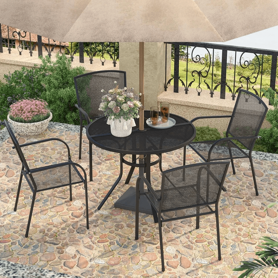 5Piece Metal Outdoor Dining Set Round Table Stackable Chairs Grey Patio Furniture For Garden Deck B 1