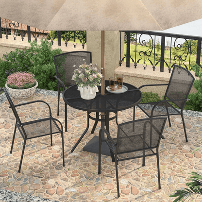 5Piece Metal Outdoor Dining Set Round Table Stackable Chairs Grey Patio Furniture For Garden Deck B 1