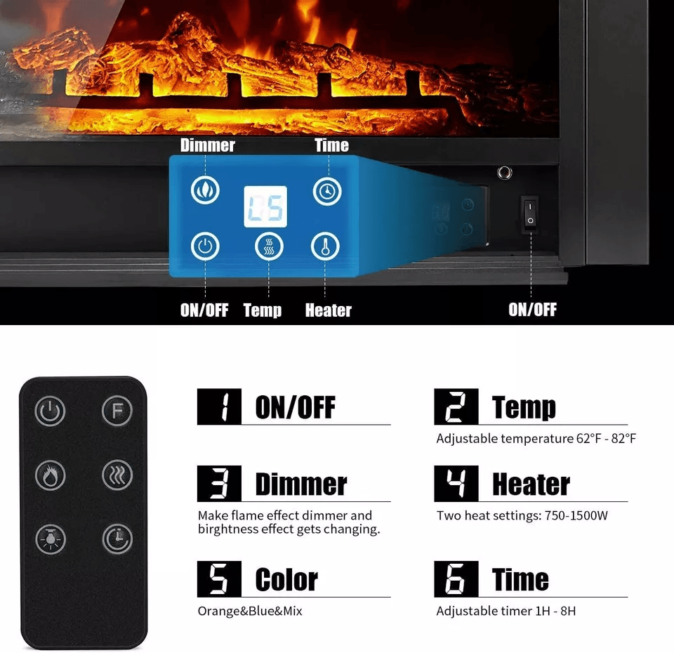 Electric Fireplace Insert  3Color Flame 750W1500W Heater Remote  Timer WallMounted Recessed Design 4