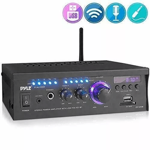 Pyle Wireless Power Amplifier Home Audio Bluetooth Receiver System, Stereo Sound, FM Radio, USB/SD/AUX, Remote Control