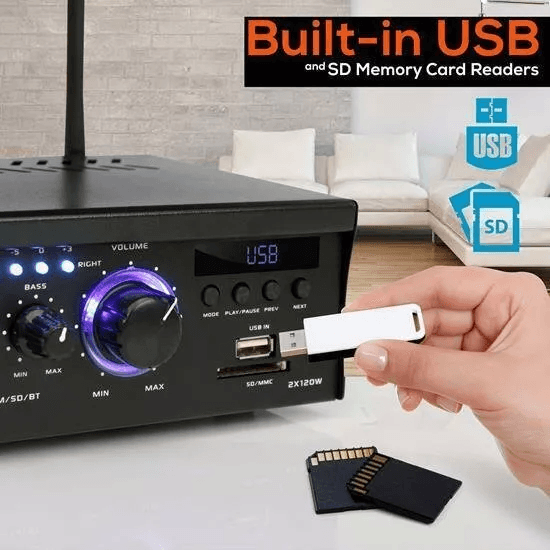 Pyle Wireless Power Amplifier Home Audio Bluetooth Receiver System Stereo Sound FM Radio USBSDAUX R 6