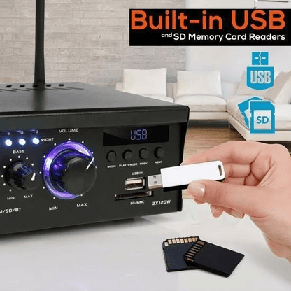 Pyle Wireless Power Amplifier Home Audio Bluetooth Receiver System Stereo Sound FM Radio USBSDAUX R 6