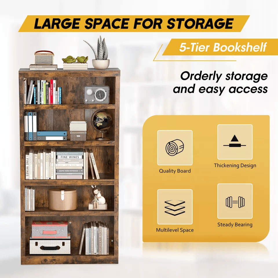 5 Tier Wood Bookshelf Organized Storage For Home  Office 3