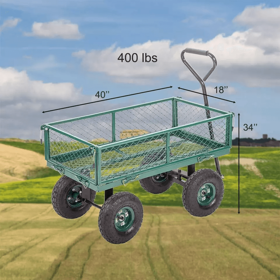 Heavy Duty Outdoor Steel Garden Cart Wagon Utility Yard Buggy With Pneumatic Tires Removable Sides  6