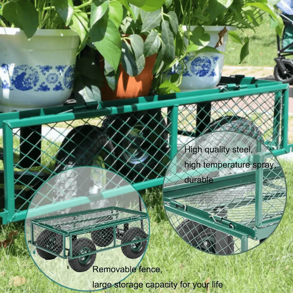 Heavy Duty Outdoor Steel Garden Cart Wagon Utility Yard Buggy With Pneumatic Tires Removable Sides  5