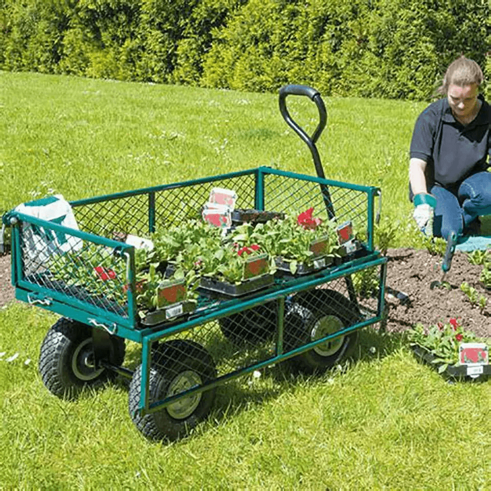 Heavy Duty Outdoor Steel Garden Cart Wagon Utility Yard Buggy With Pneumatic Tires Removable Sides  2