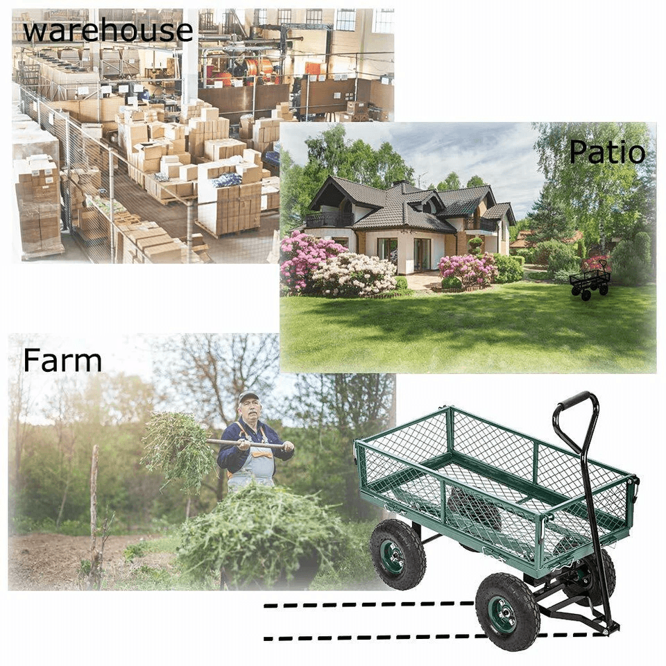 Heavy Duty Outdoor Steel Garden Cart Wagon Utility Yard Buggy With Pneumatic Tires Removable Sides  4