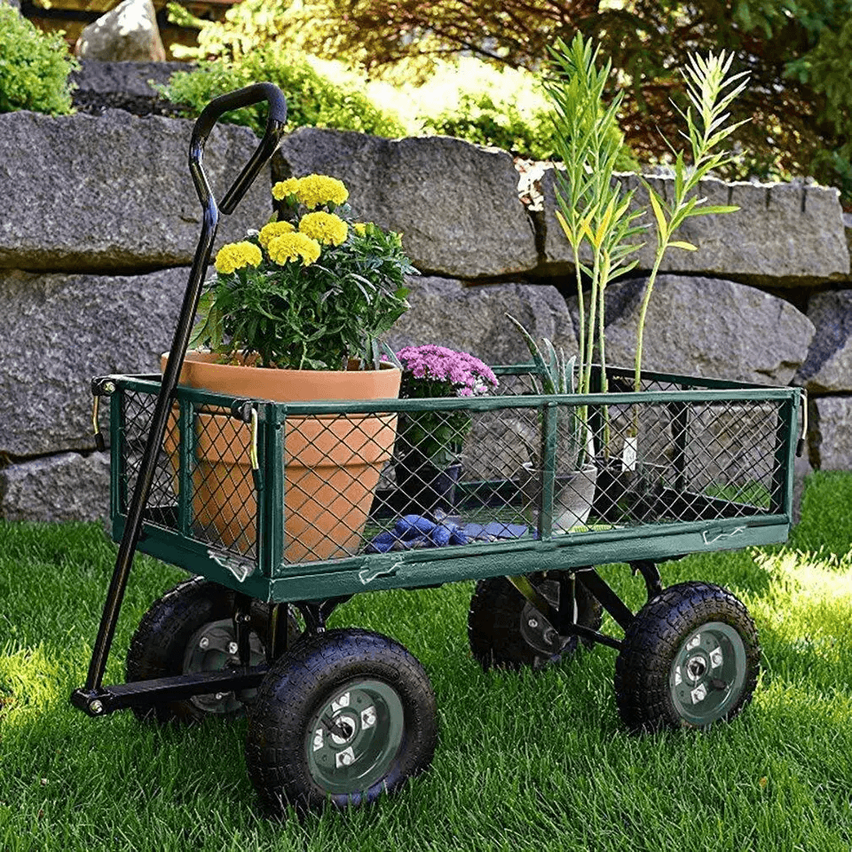 Heavy Duty Outdoor Steel Garden Cart Wagon Utility Yard Buggy With Pneumatic Tires Removable Sides  1