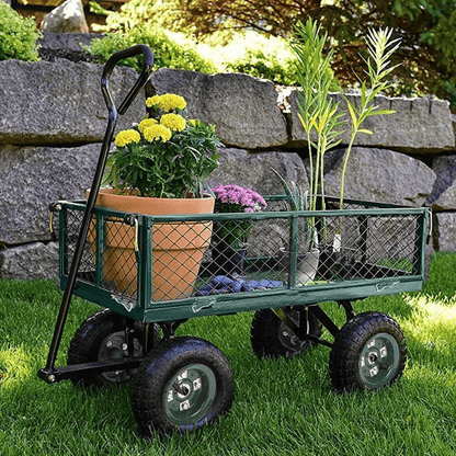 Heavy Duty Outdoor Steel Garden Cart Wagon Utility Yard Buggy With Pneumatic Tires Removable Sides  1