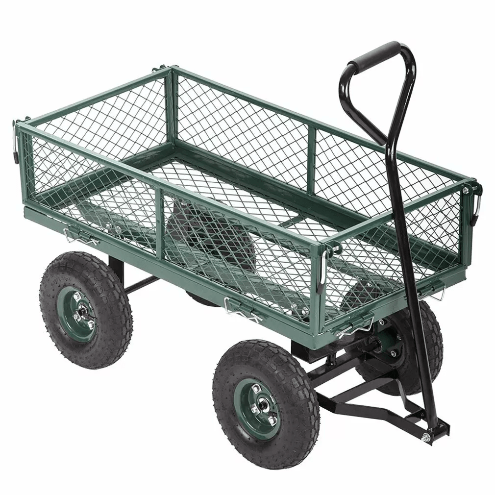 Heavy Duty Outdoor Steel Garden Cart Wagon, Utility Yard Buggy with Pneumatic Tires, Removable Sides & Dumping Bed