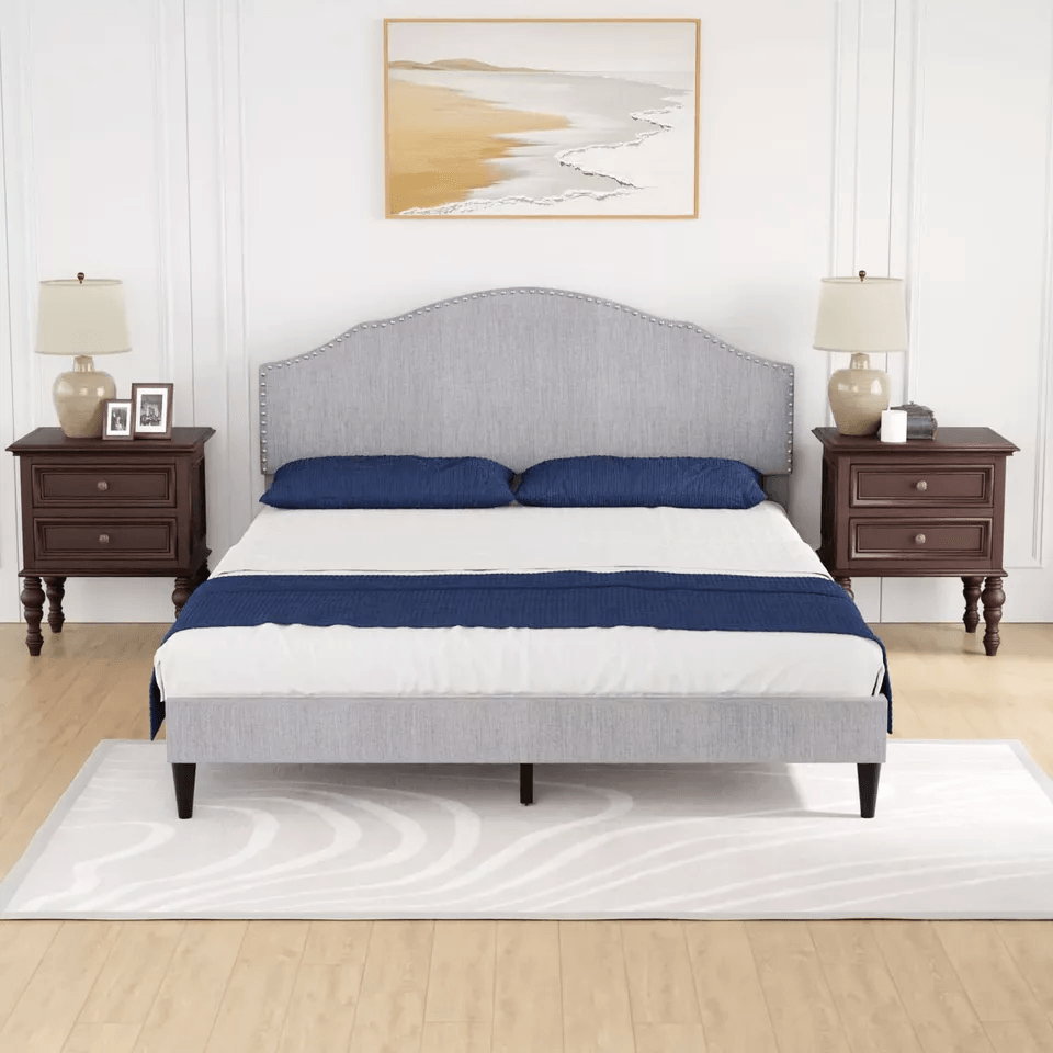 Modern Upholstered Platform Bed Frame With Linen Fabric Headboard  Durable Wooden Slats Heavy Duty  8