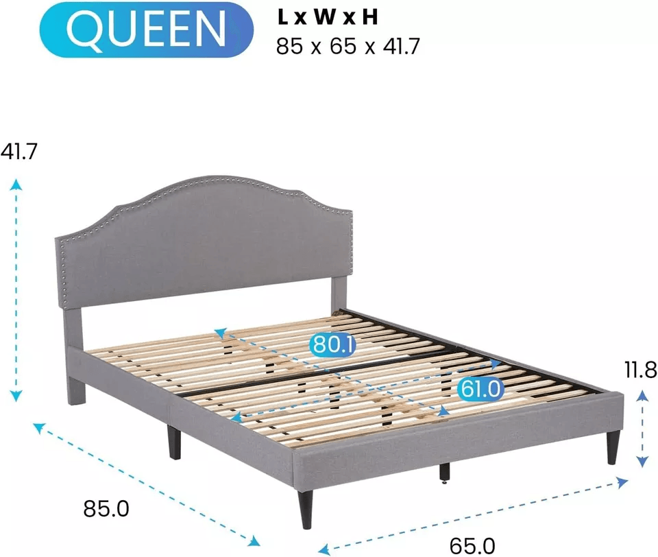Modern Upholstered Platform Bed Frame With Linen Fabric Headboard  Durable Wooden Slats Heavy Duty  11